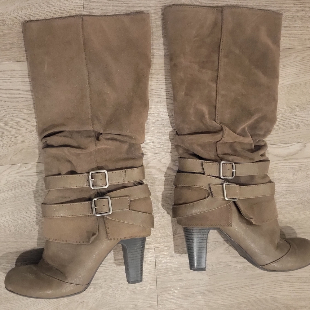 Fergalicious Tan Heeled Boots with Slouchy Design and High Heel